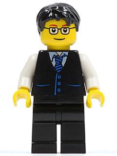 LEGO Minifigure-Black Vest with Blue Striped Tie, Black Legs, White Arms, Black Short Tousled Hair, Glasses-Town / City / Airport-TWN052-Creative Brick Builders